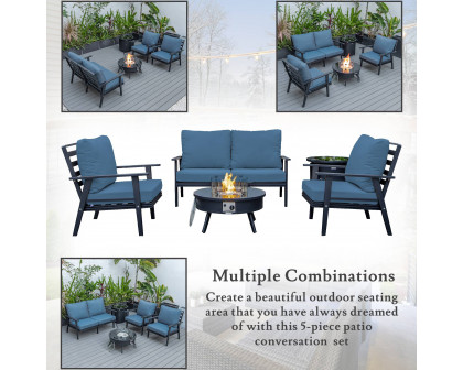 LeisureMod™ Walbrooke Modern Black Patio Conversation With Round Fire Pit & Tank Holder - Navy Blue