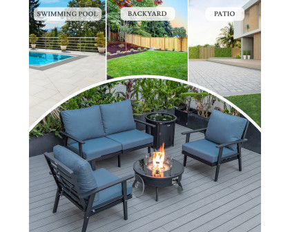 LeisureMod™ Walbrooke Modern Black Patio Conversation With Round Fire Pit & Tank Holder - Navy Blue