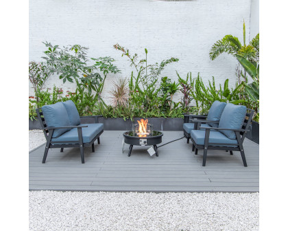 LeisureMod™ Walbrooke Modern Black Patio Conversation With Round Fire Pit & Tank Holder - Navy Blue