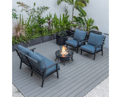 LeisureMod™ Walbrooke Modern Black Patio Conversation With Round Fire Pit & Tank Holder - Navy Blue