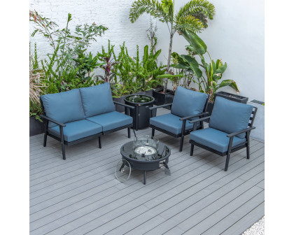 LeisureMod™ Walbrooke Modern Black Patio Conversation With Round Fire Pit & Tank Holder - Navy Blue