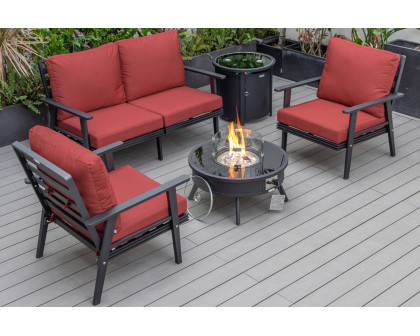 LeisureMod Walbrooke Modern Black Patio Conversation With Round Fire Pit & Tank Holder