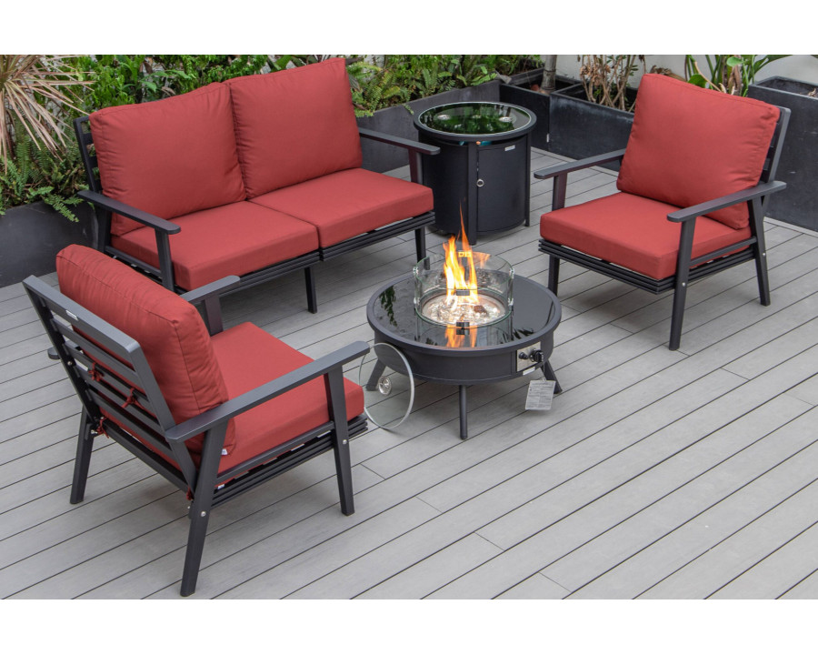 LeisureMod Walbrooke Modern Black Patio Conversation With Round Fire Pit & Tank Holder - Red