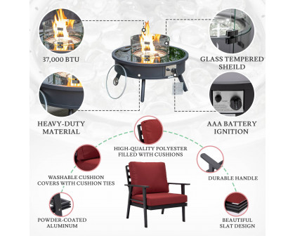 LeisureMod Walbrooke Modern Black Patio Conversation With Round Fire Pit & Tank Holder - Red