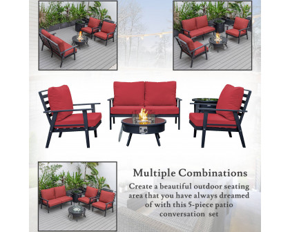 LeisureMod Walbrooke Modern Black Patio Conversation With Round Fire Pit & Tank Holder - Red