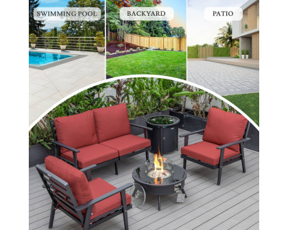 LeisureMod Walbrooke Modern Black Patio Conversation With Round Fire Pit & Tank Holder - Red