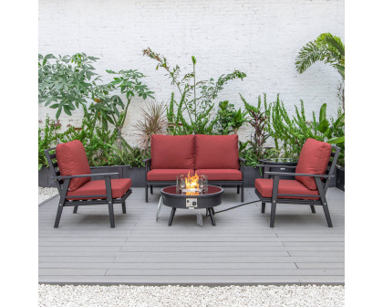 LeisureMod Walbrooke Modern Black Patio Conversation With Round Fire Pit & Tank Holder - Red