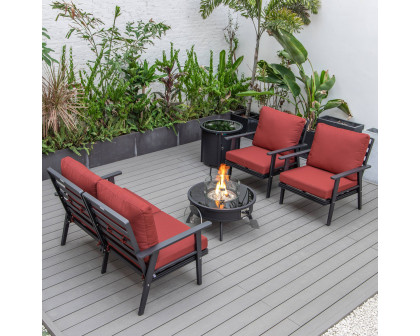 LeisureMod Walbrooke Modern Black Patio Conversation With Round Fire Pit & Tank Holder - Red