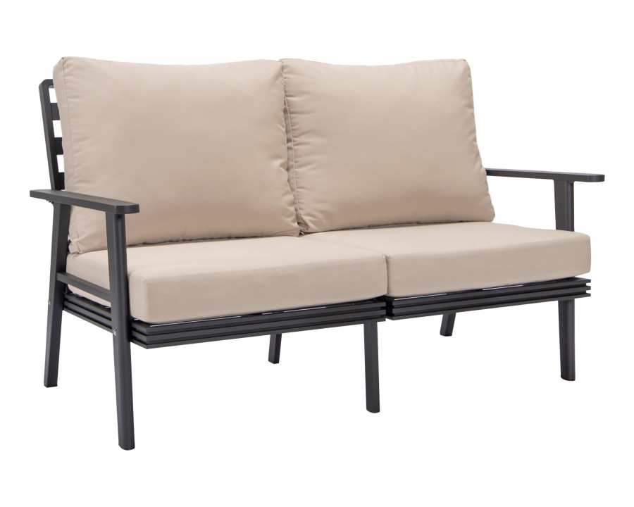 LeisureMod Walbrooke Modern Outdoor Patio Loveseat with Black Aluminum Frame and Removable Cushions - Beige