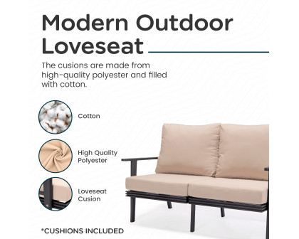 LeisureMod Walbrooke Modern Outdoor Patio Loveseat with Black Aluminum Frame and Removable Cushions - Beige