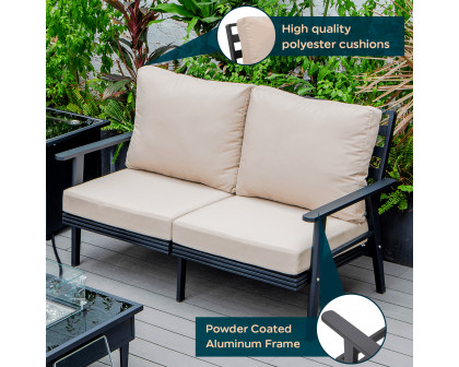 LeisureMod Walbrooke Modern Outdoor Patio Loveseat with Black Aluminum Frame and Removable Cushions - Beige