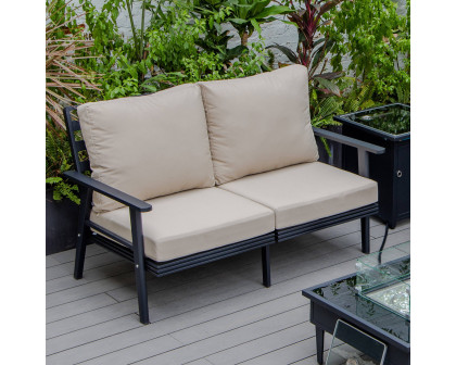 LeisureMod Walbrooke Modern Outdoor Patio Loveseat with Black Aluminum Frame and Removable Cushions - Beige