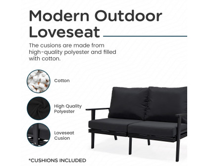 LeisureMod Walbrooke Modern Outdoor Patio Loveseat with Black Aluminum Frame and Removable Cushions - Charcoal