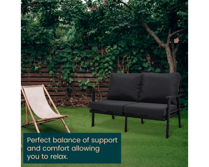 LeisureMod Walbrooke Modern Outdoor Patio Loveseat with Black Aluminum Frame and Removable Cushions - Charcoal