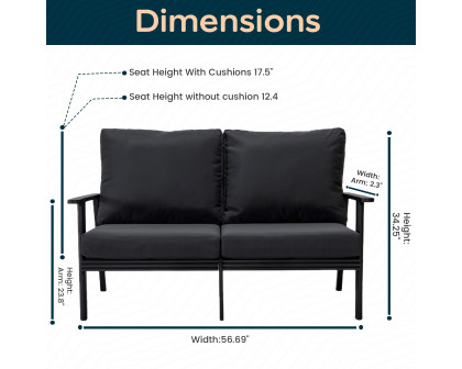 LeisureMod Walbrooke Modern Outdoor Patio Loveseat with Black Aluminum Frame and Removable Cushions - Charcoal