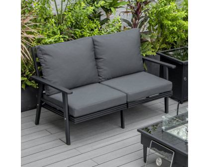 LeisureMod Walbrooke Modern Outdoor Patio Loveseat with Black Aluminum Frame and Removable Cushions - Charcoal