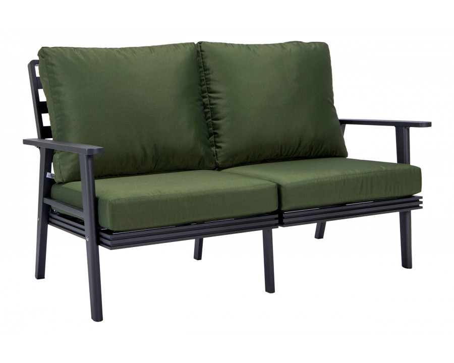 LeisureMod Walbrooke Modern Outdoor Patio Loveseat with Black Aluminum Frame and Removable Cushions - Green