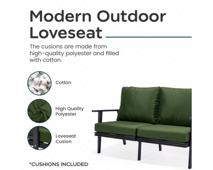 LeisureMod Walbrooke Modern Outdoor Patio Loveseat with Black Aluminum Frame and Removable Cushions - Green