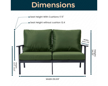 LeisureMod Walbrooke Modern Outdoor Patio Loveseat with Black Aluminum Frame and Removable Cushions - Green