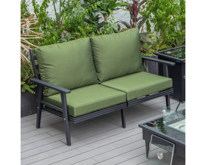 LeisureMod Walbrooke Modern Outdoor Patio Loveseat with Black Aluminum Frame and Removable Cushions - Green