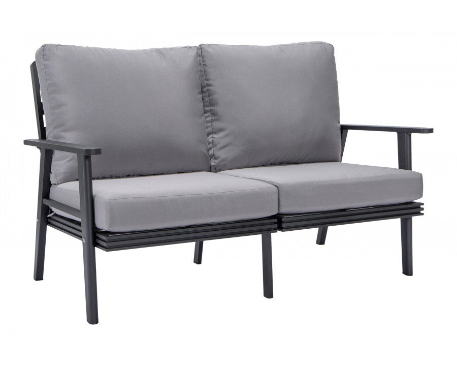 LeisureMod Walbrooke Modern Outdoor Patio Loveseat with Black Aluminum Frame and Removable Cushions - Gray