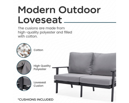 LeisureMod Walbrooke Modern Outdoor Patio Loveseat with Black Aluminum Frame and Removable Cushions - Gray