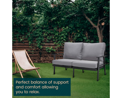 LeisureMod Walbrooke Modern Outdoor Patio Loveseat with Black Aluminum Frame and Removable Cushions - Gray