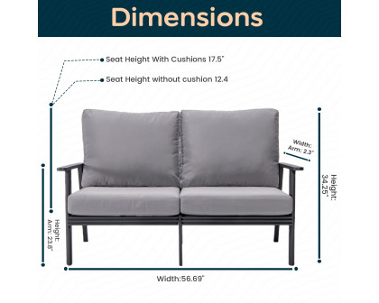 LeisureMod Walbrooke Modern Outdoor Patio Loveseat with Black Aluminum Frame and Removable Cushions - Gray