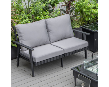 LeisureMod Walbrooke Modern Outdoor Patio Loveseat with Black Aluminum Frame and Removable Cushions - Gray