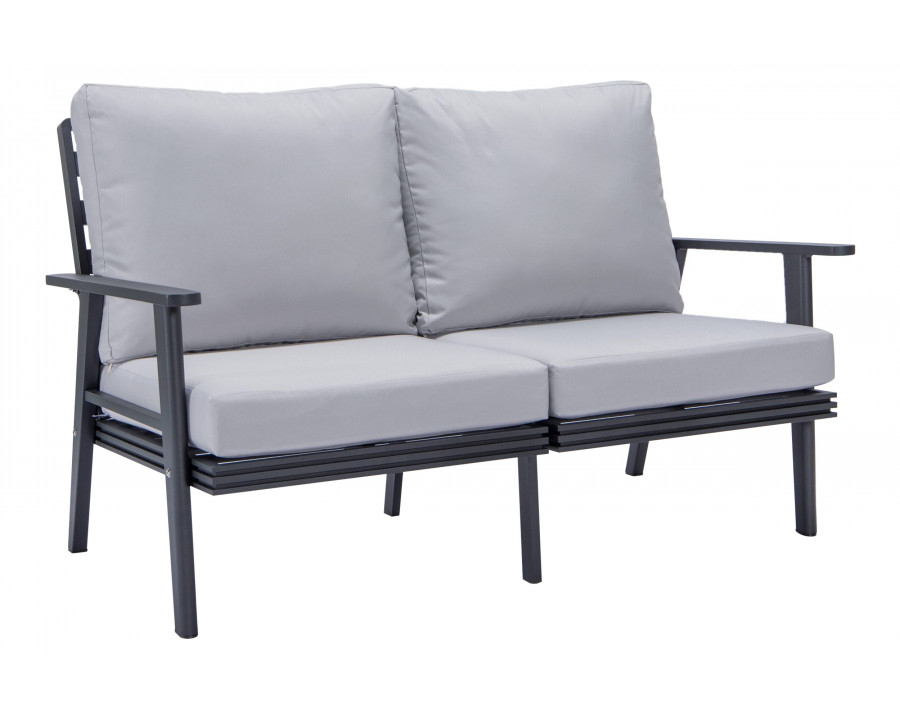 LeisureMod Walbrooke Modern Outdoor Patio Loveseat with Black Aluminum Frame and Removable Cushions - Light Gray