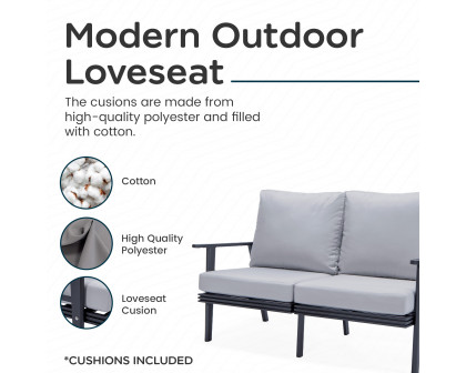 LeisureMod Walbrooke Modern Outdoor Patio Loveseat with Black Aluminum Frame and Removable Cushions - Light Gray