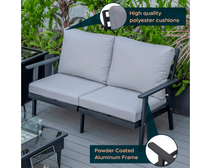 LeisureMod Walbrooke Modern Outdoor Patio Loveseat with Black Aluminum Frame and Removable Cushions - Light Gray