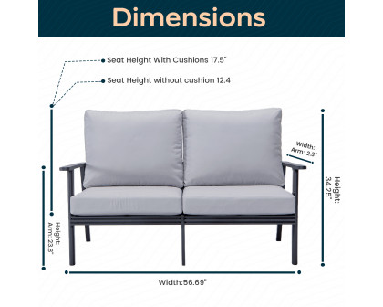 LeisureMod Walbrooke Modern Outdoor Patio Loveseat with Black Aluminum Frame and Removable Cushions - Light Gray