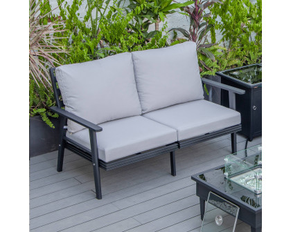 LeisureMod Walbrooke Modern Outdoor Patio Loveseat with Black Aluminum Frame and Removable Cushions - Light Gray