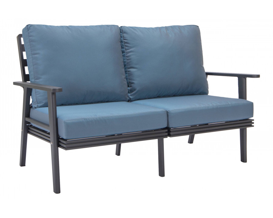 LeisureMod Walbrooke Modern Outdoor Patio Loveseat with Black Aluminum Frame and Removable Cushions - Navy Blue