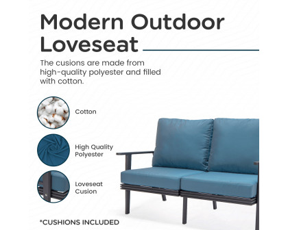 LeisureMod Walbrooke Modern Outdoor Patio Loveseat with Black Aluminum Frame and Removable Cushions - Navy Blue