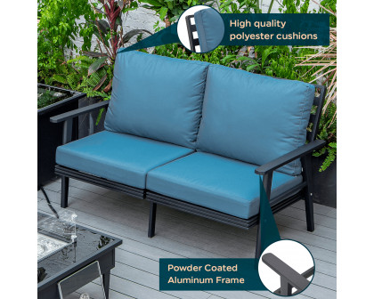 LeisureMod Walbrooke Modern Outdoor Patio Loveseat with Black Aluminum Frame and Removable Cushions - Navy Blue