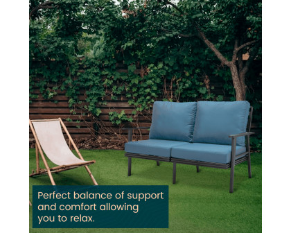 LeisureMod Walbrooke Modern Outdoor Patio Loveseat with Black Aluminum Frame and Removable Cushions - Navy Blue