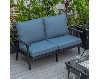 LeisureMod Walbrooke Modern Outdoor Patio Loveseat with Black Aluminum Frame and Removable Cushions - Navy Blue