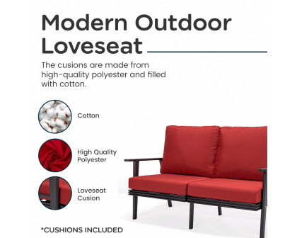 LeisureMod Walbrooke Modern Outdoor Patio Loveseat with Black Aluminum Frame and Removable Cushions - Red