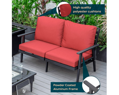 LeisureMod Walbrooke Modern Outdoor Patio Loveseat with Black Aluminum Frame and Removable Cushions - Red