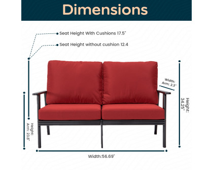 LeisureMod Walbrooke Modern Outdoor Patio Loveseat with Black Aluminum Frame and Removable Cushions - Red