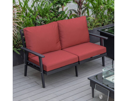 LeisureMod Walbrooke Modern Outdoor Patio Loveseat with Black Aluminum Frame and Removable Cushions - Red