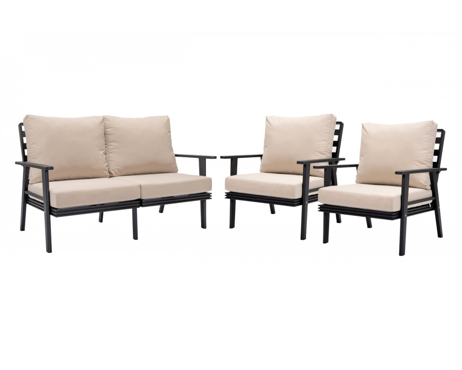 LeisureMod Walbrooke Modern 3-Piece Outdoor Patio Set with Black Aluminum Frame - Beige