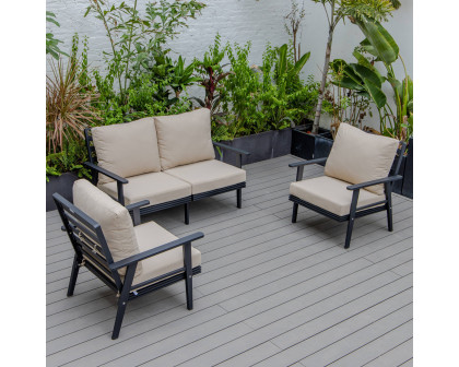 LeisureMod Walbrooke Modern 3-Piece Outdoor Patio Set with Black Aluminum Frame - Beige