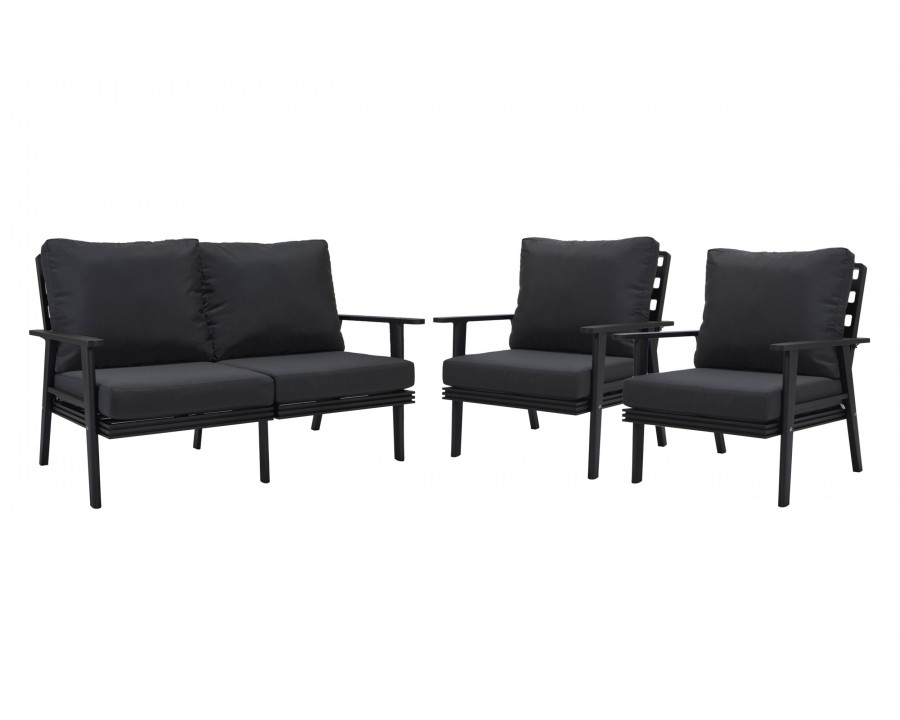 LeisureMod Walbrooke Modern 3-Piece Outdoor Patio Set with Black Aluminum Frame - Charcoal