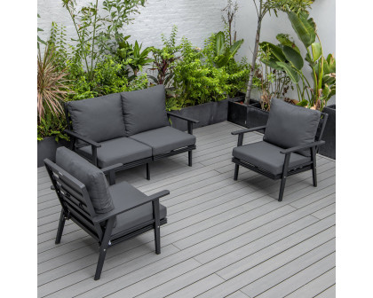 LeisureMod Walbrooke Modern 3-Piece Outdoor Patio Set with Black Aluminum Frame - Charcoal