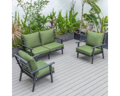 LeisureMod Walbrooke Modern 3-Piece Outdoor Patio Set with Black Aluminum Frame - Green