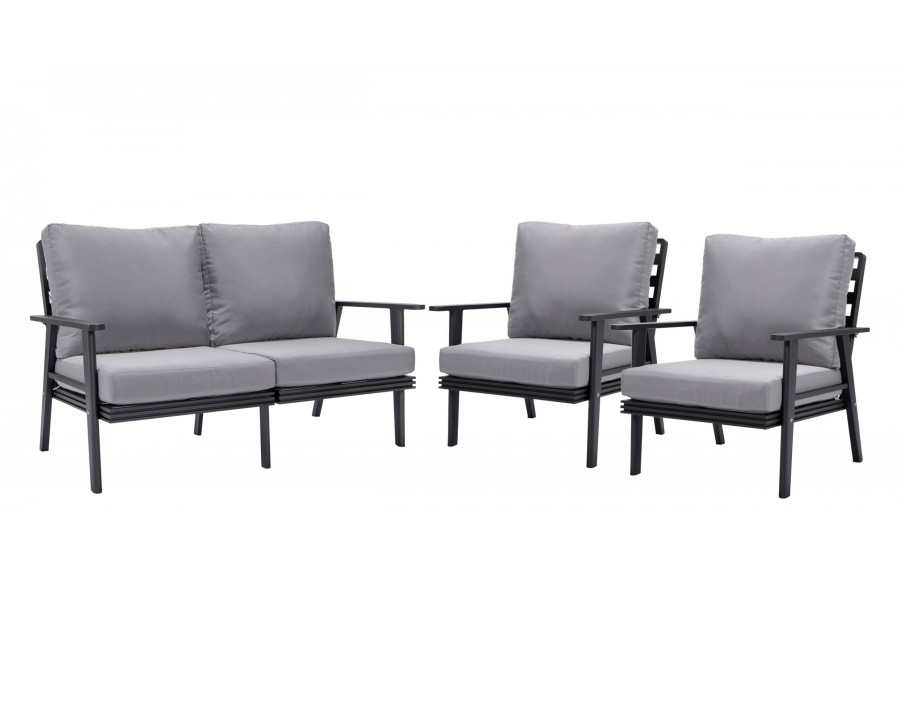 LeisureMod Walbrooke Modern 3-Piece Outdoor Patio Set with Black Aluminum Frame - Gray