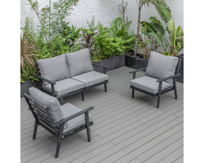 LeisureMod Walbrooke Modern 3-Piece Outdoor Patio Set with Black Aluminum Frame - Gray